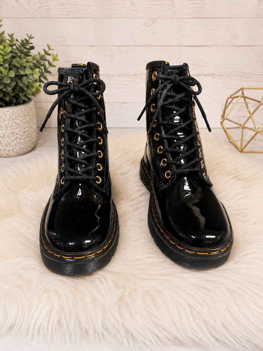 Dr. Martens Black Patent Lace-Up Platform Boots with Gold Eyelets